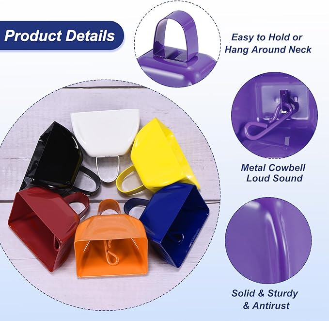 PATIKIL 12pcs Cow Bells for Football Games,3in Cowbells for Sporting Events Bulk Loud Noise Makers Metal Cow Bell with Handle for Cheering Competition Marathon Wedding, Blue Purple