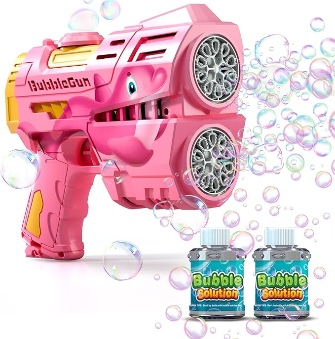 Jasny Rechargeable Pink Dolphin Bubble Guns for Kids, LED Light Up Bubble Machine Blower with 2 Bottles Bubble Refill Solution for Kids, Bubble Makers Blaster for Toddlers, Summer Wedding Toys Gift