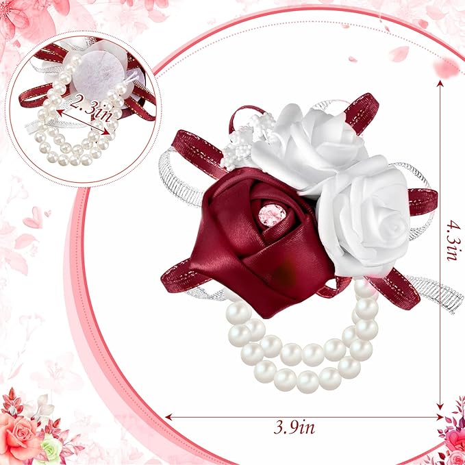 Zeyune 18 Pcs Wrist Corsages for Prom Wedding Artificial Rose Wristlet Corsage Hand Flower for Mother of Bride and Groom, Bridal, Bridesmaid Wedding Supplies (Red)