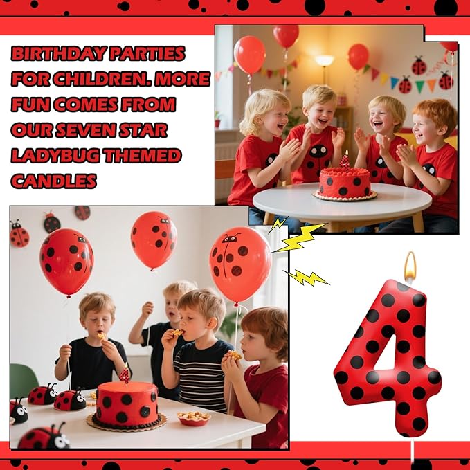 Ladybug Theme Birthday Candles - Red & Black Polka Dot Decorative Candles for Kids Ladybug Themed Parties, Baby Showers, Birthday Cakes, and Ladybird Inspired Celebrations(Number 4)