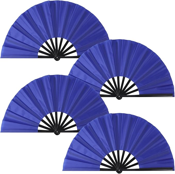 4 Pack Large Folding Hand Fan, Plastic Hand Held Folding Fans Chinese Kung Fu Hand Fan Decorative Folding Fans for Dance, Performance, Festival or Home Decorations(Blue)