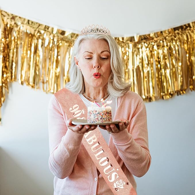 Casoty Rose Gold 90th Birthday Sash and Tiara, 90th Birthday Decorations for Women, 90 & Fabulous Sash and Crown Set, Party Supplies Favors for Women, Gifts for Her