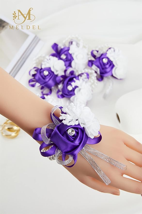 Meldel Wrist Corsages for Wedding, Set of 2, Classic Purple Artificial Wrist Corsage Bracelets for Wedding Mother of Bride and Groom, Rose Wrist Hand Prom Flower Ceremony Anniversary,Party, Gift