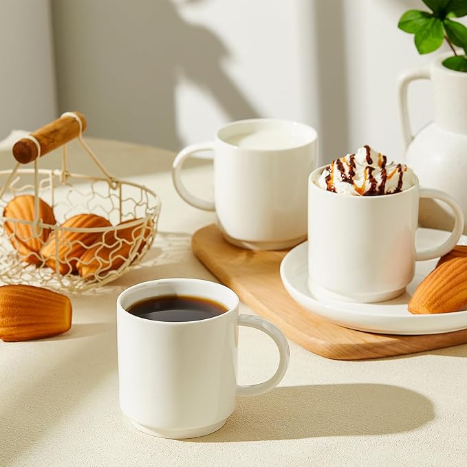 Sweese 10 Oz Stackable White Coffee Mug, Porcelain Coffee Mugs Sets of 6, Coffee Cups with Handle for Specialty Coffee Drinks, Cappuccino, Cafe Mocha, Latte and Tea, White