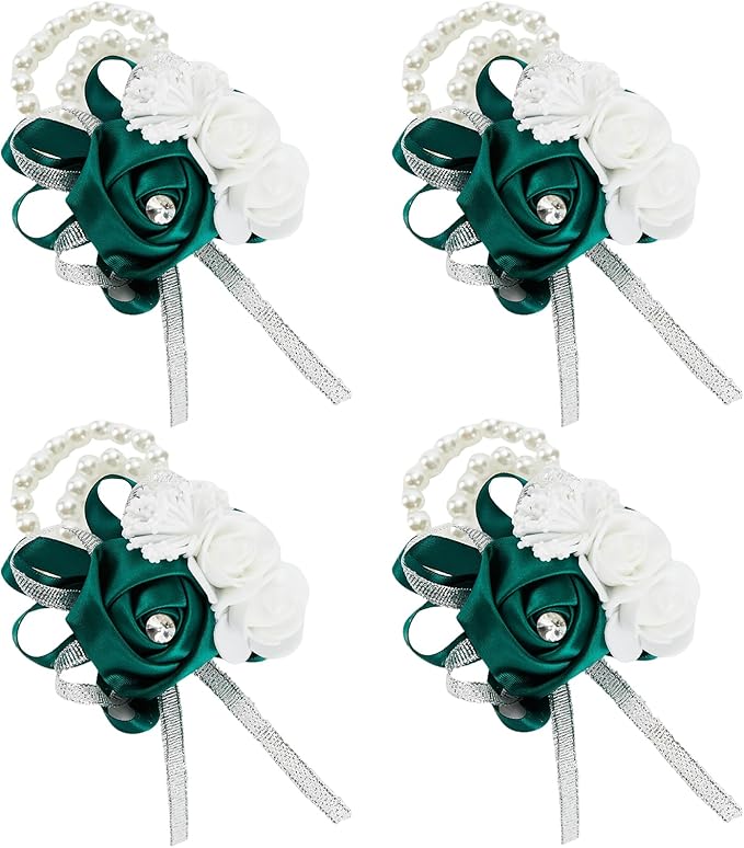 Meldel Wrist Corsages for Wedding, 4PCS Green Rose Wrist Corsage Bridal Bridesmaid, Artificial Corsage for Wedding Mother of Bride and Groom