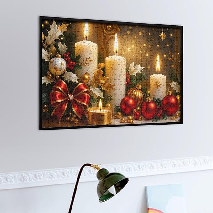 The Burning Christmas Candles 500-Piece Wooden Jigsaw Puzzle, Festive Candlelight Puzzle, Holiday Spirit, Relaxing Winter Activity, Indoor Entertainment, Family Game Night, Christmas Decoration