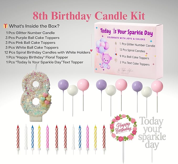by Tugba Aydan - 8 Number Birthday Candles – 24 Piece Cake Decoration Kit with Number Candle – Party Supplies for Kids Eighth Birthday Celebration