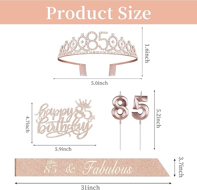 85th Birthday Party Decorations Including Sash, Crown, Numeral Candles and Cake Topper, Rose Gold 85th Birthday Decorations for Women