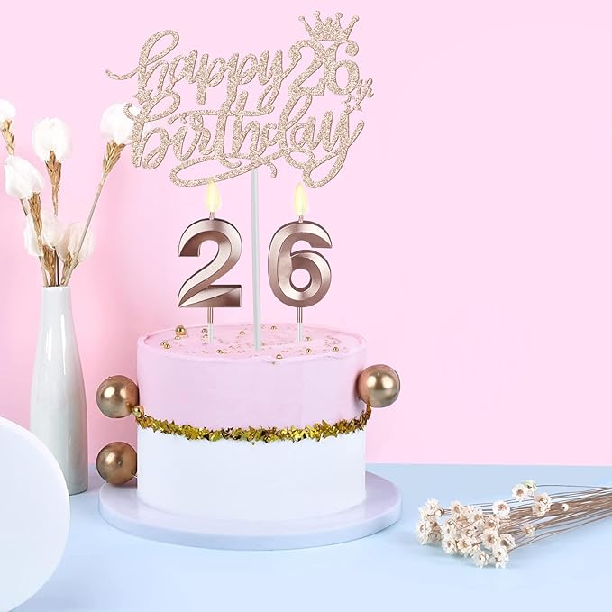 26th Birthday Sash and Tiara for Women Including Rhinestone Crown, Fabulous Sash, Candles and Cake Topper, 26 Year Old Decorations Gifts for Women, Rose Gold Party Decor Supplies
