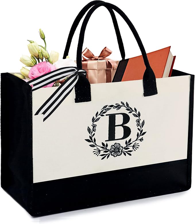 BeeGreen Embroidery Monogram Initial Tote Bag for Women Teacher Mom Friend Personalized Gift for Birthday Beach Wedding Work