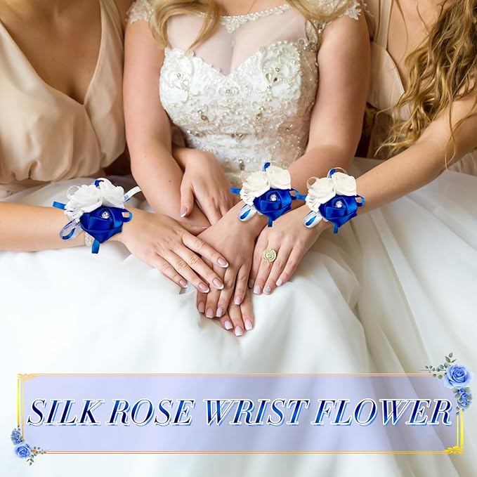 Zeyune 18 Pcs Wrist Corsages for Prom Wedding Artificial Rose Wristlet Corsage Hand Flower for Mother of Bride and Groom, Bridal, Bridesmaid Wedding Supplies (Royal Blue)