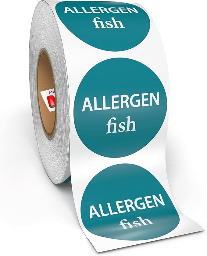 Kenco Allergen Warning Stickers - 1" Circle Label, 1,000 Allergy Warning Labels Per Roll in Universal Allergy Awareness Colorway (12 Pack, Fish)