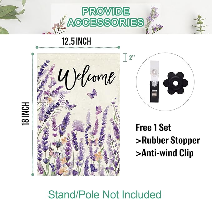 Baccessor Spring Summer Lavender Welcome Garden Flag 12.5 x 18 Inch Double Sided Purple Floral Flower Butterfly Farmhouse Small Burlap Yard Flag Holiday Seasonal Outdoor Outside Decoration