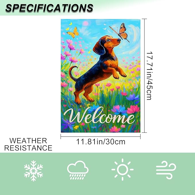 IVN Welcome Dachshund Garden Flag 12x18 Inch Double Sided Dog Butterfly Flower Outdoor Yard Flag for Home Front Door Lawn Porch Spring Decor
