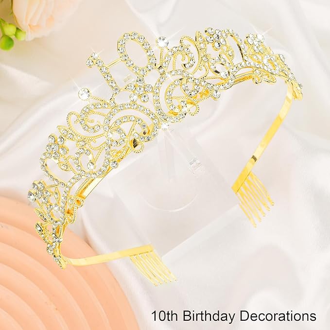 CIEHER Gold 10th Birthday Crown and Sash Set with Pearl Pins, Perfect for Girls' 10th Birthday Celebrations