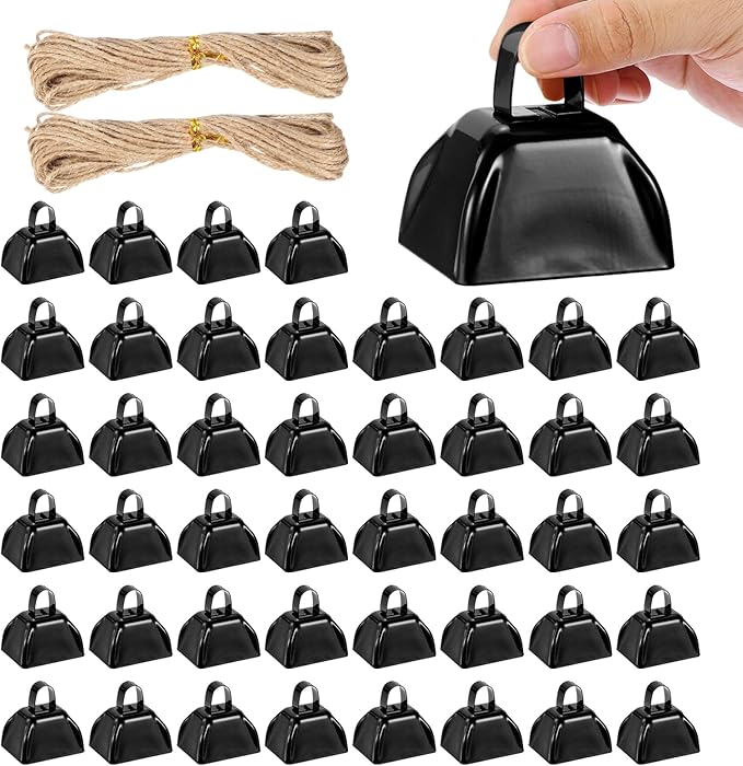 PATIKIL 48pcs Cow Bells for Football Games, 3 Inch Cowbells for Sporting Events Bulk Loud Noise Makers Metal Cow Bell with Rope for Cheering Wedding, Black