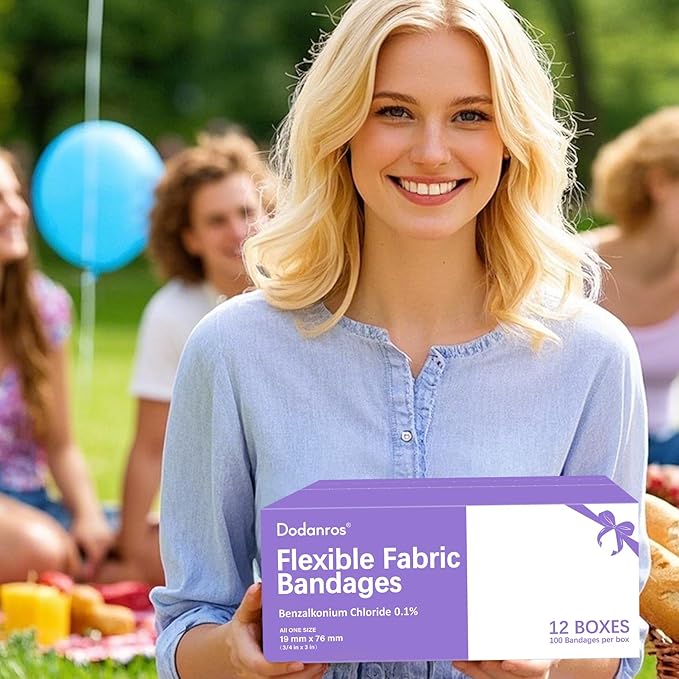 Bulk Case of 1200 PCS Flexible Fabric Bandages, 3/4" x 3",Individual 12 Box Packaging,Include 0.1%Benzalkonium,Sterile, Breathable | Use for School, Hospital, Businesses, and First Aid Kits.