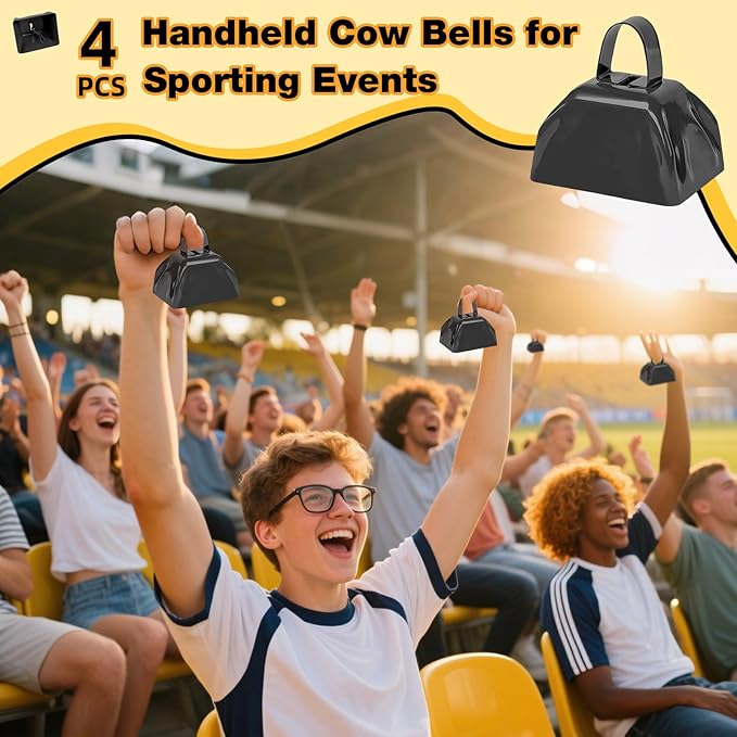 6PCS Metal Cow Bells Noisemakers, 3 Inch Loud Cow Bell Noise Makers for Sporting Events Party Favors with Handles, Great for Football Competitions, Sports Games, Celebration Parties (Black)