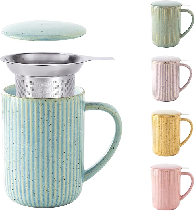 Yundu 15.5oz/470ml Flambe Blue Ceramics Teacups with Infuser and Lid, Loose Leaf Tea Cup