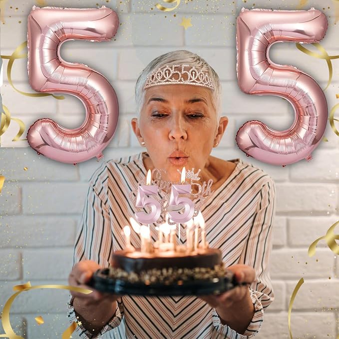 55th Birthday Decorations for Women, 55th Birthday Sash and Crown, Cake Topper, Number Candles and Balloons,, 55 Year Old Gifts for Women