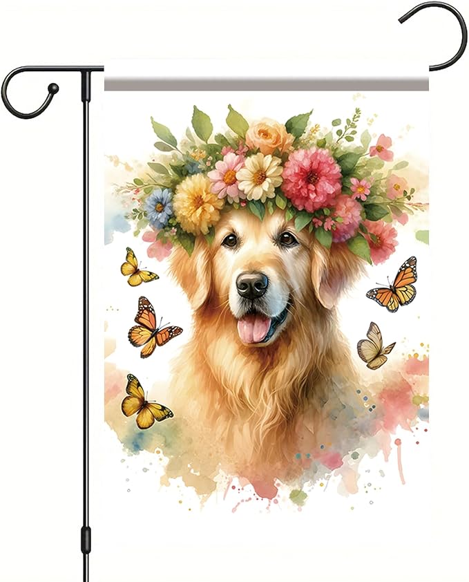 Starlit Patio Welcome Spring Summer Garden Flag 12x18 Double Sided Golden Retriever Dog Garden Flag Pet Flower Butterflies Yard Outside Decorations Floral Flower Seasonal Outdoor Small Home Decor
