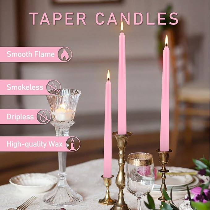 50-Pack Pink 10-Inch Taper Candles, Dripless Elegance for 8-Hour Burn - Perfect for Weddings, Baby Showers & Romantic Dining, Unscented Classic Dinner Candles