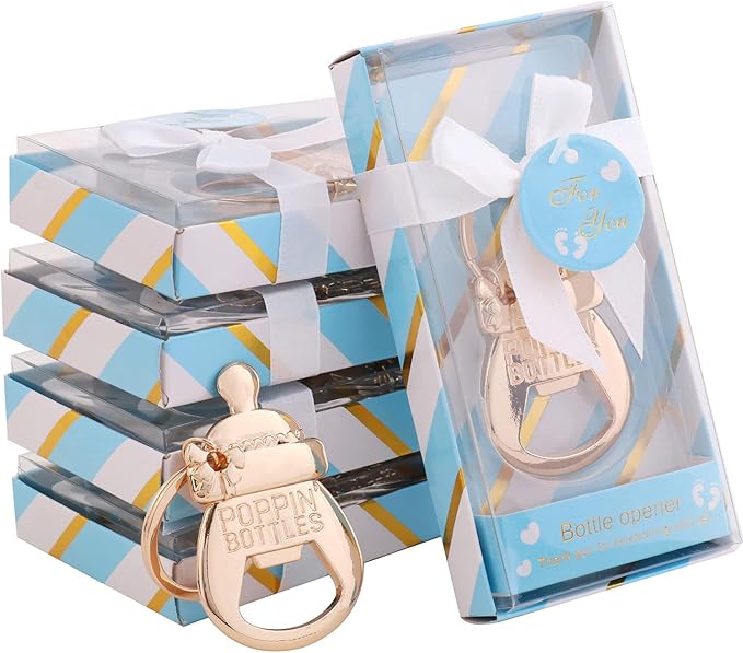 24 Pack POPPIN BOTTLES Key Chain Bottle Opener Boy Baby Shower Favors for Guests,Boy Baby Shower Souvenirs Bottle Opener,Boy Blue Baby Shower Decoration Supplies (Blue, 24)