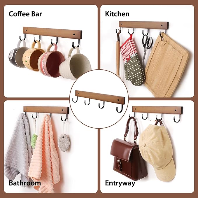 Mug Hook for Wall, 180° Swivel Hooks for Cups, Wooden Wall Mounted Rotatable Hooks for Hanging Mugs, Hats, Keys, Kitchen Utensils, Robe, Towel, Strong Metal Hook with Wood Base (2, Brown)