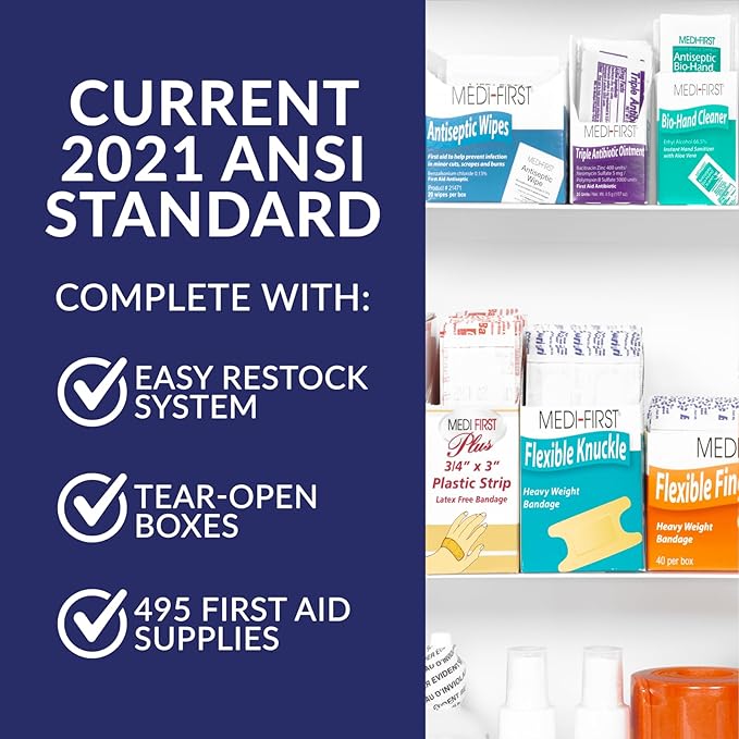 MFASCO 2021 ANSI/OSHA Compliant First Aid Kit - Large, Commercial 3-Shelf Metal Cabinet for Businesses, Wall Mountable - with Medications - ANSI Standard 2021 First Aid Kits, Class B Fill