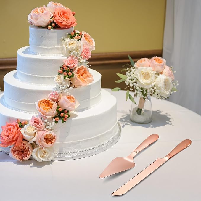 Cake Cutting Set for Wedding - Extended Cake Knife and Server Set Thickened Stainless Steel 13.0" Cake Cutter 10.49" Pie Spatula Great for Birthday Anniversary Christmas Gift 2 Pcs Rose Gold