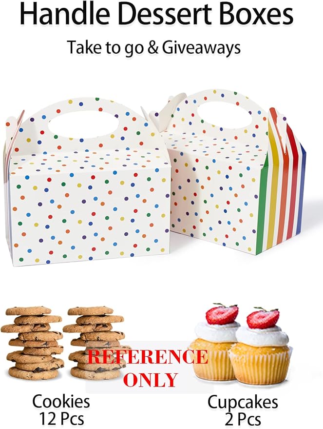 P6RB12 Happyhiram Favor Boxes 12 Pcs for Kids Birthday Box, Polka Dot and Striped Birthday Goodie Treat Boxes with Handles 6" Gable Boxes Colorful Candy Boxes Party Favor Paper Gift Boxes