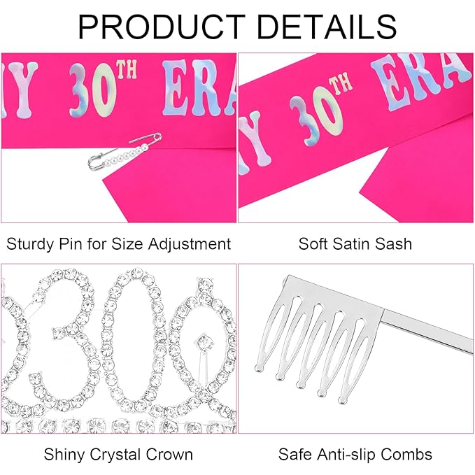 Casoty 30th Birthday Sash and Tiara, 30th Birthday Decorations for Women, Crown and Sash Set, Party Favors Supplies for Women, Gifts for Her