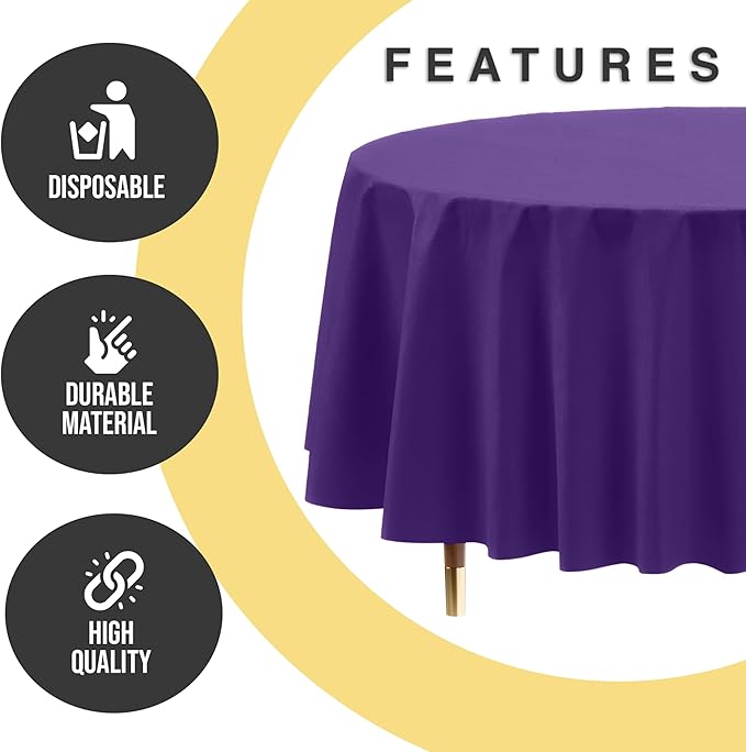 Exquisite 66% Thicker Premium Purple Round Tablecloth 0.5 Mil 24 Pack Plastic Table Cloth Disposable 84 Inch Round Plastic Tablecloth Won't Tear Easily Like Cheap Thin Brands