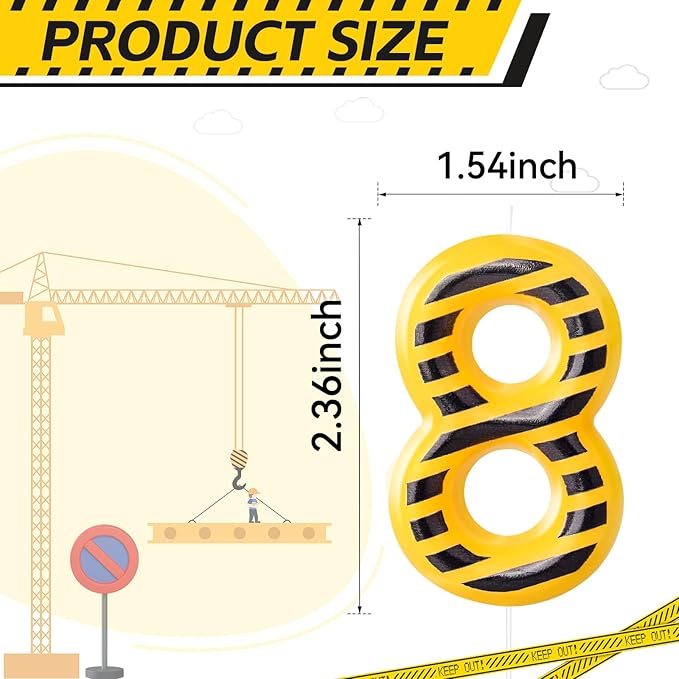Construction Themed Birthday Candles Number 8 Candle Birthday Party Decoration Cake Topper for Construction Party Decoration Theme Party Supplies (Number 8)