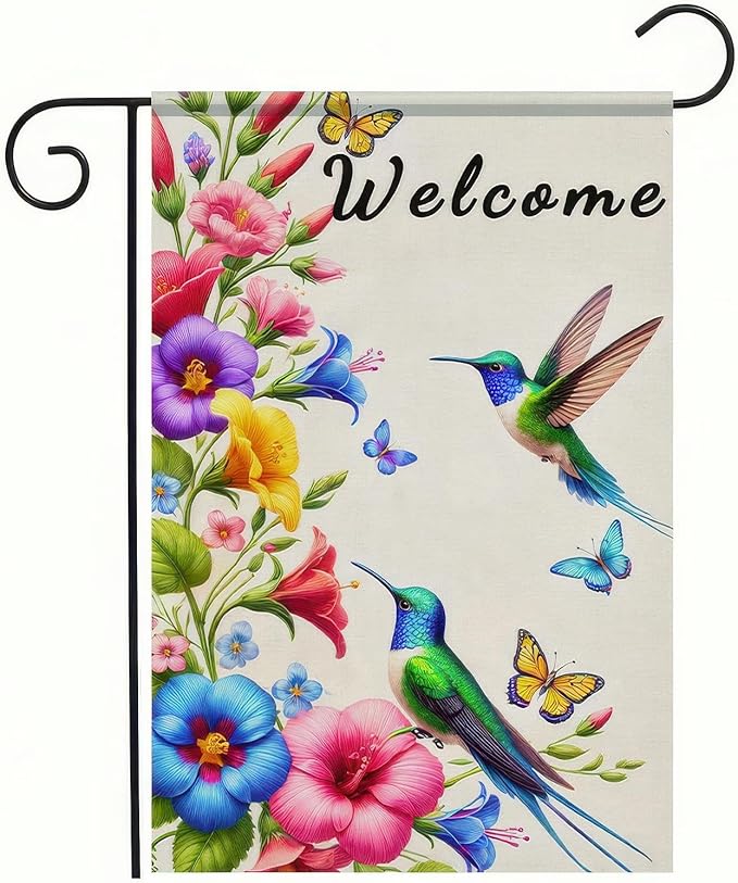 BlissYard Hummingbird Floral Welcome Garden Flag 12x18 Inch Double Sided Spring Summer Hummingbird Yard Flag Yard Outdoor Flag Small Outside Decoration