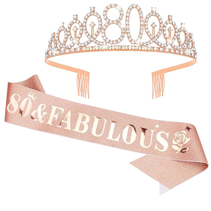 Casoty Rose Gold 80th Birthday Sash and Tiara, 80th Birthday Decorations for Women, Crown and 80 & Fabulous Sash Set, Praty Supplies Favors for Women, Gifts for Her