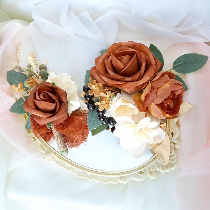 2Pcs Wedding Corsage and Boutonniere Set Orange Rose Corsage Wristlet and Boutonniere for Men Women Groom Bride Bridesmaid Groomsmen Wedding Party Accessory Prom Decoration (Orange)