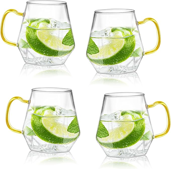 4pcs Crystal Clear Glass Coffee Cups Set with Handle,Espresso Mugs for Hot Espresso Liquor Microwave Safe coffee cups 10oz