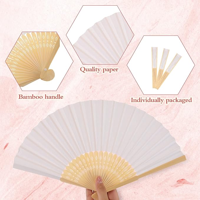 Yinkin 100 Pack Folding Fans Bamboo Handheld Folded Craft Hand Japanese Chinese Fans for Weddings Bridal Dancing Church DIY Decoration Women Gift Party Favors (White)