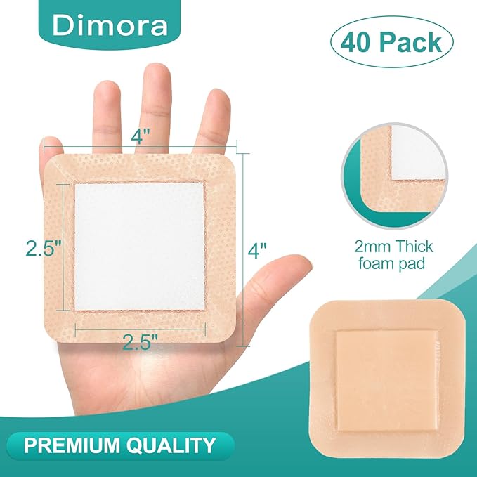 Dimora Silicone Foam Dressing with Border 40 Pack, Adhesive 4"x4" Wound Dressing Large Bandage for Wound Care