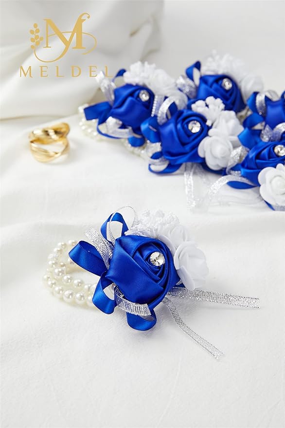 Meldel Prom Flower Wrist Corsages for Wedding, Set of 6, Royal Blue Wrist Corsages for Prom Bridal Bridesmaid Girl, Rose Hand Flower for Wedding Ceremony Anniversary,Dinner Party, Homecoming