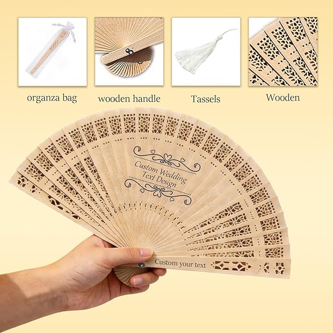 MOSADO Personalized Wedding Fans for Guests, Custom Foldable Sandalwood Fans Bulk with Organza Bags and Tassels, Unique Bridal Shower Party Favors Wedding Favors for Guests (50)