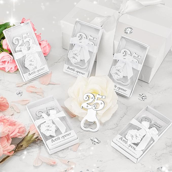 24PCS 25th Birthday Party Favors for Guests 25 Silver Wedding Anniversary Beer Bottle Openers Gifts, 25th Return Gifts Party Decor Souvenirs for Guests for Bridal Shower Favors