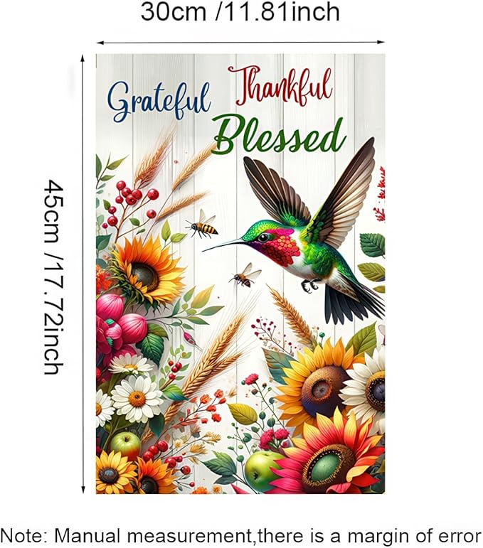 BlissYard Grateful Thankful Blessed Garden Flag 12x18 Inch Double Sided Yard Flag with Hummingbird and Sunflower Design for Spring Summer Outdoor Farmhouse Lawn Porch Decoration