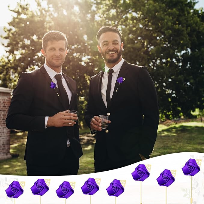 Zeyune 24 Pcs Boutonniere Rose Boutonniere Wedding Buttonholes Pocket for Men Wedding for Prom Party (Purple)