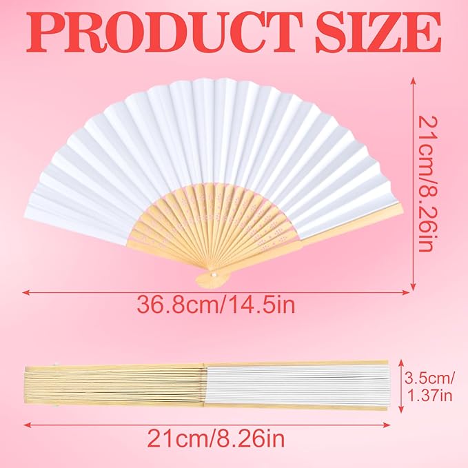 NEBURORA 12Pcs White Handheld Paper Fans 8.3 Inch Hand Held Bamboo Fans Foldable for Wedding Decoration Outdoor Party Favors DIY Decoration Dancing Photography Props