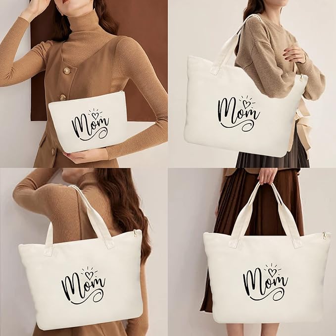 Mothers Day Gifts for Mom-Mom Mommy Canvas Tote Bag with Makeup Bag-Great Gifts for Mom, New Mom,Mom to be on Mothers Day,Birthday
