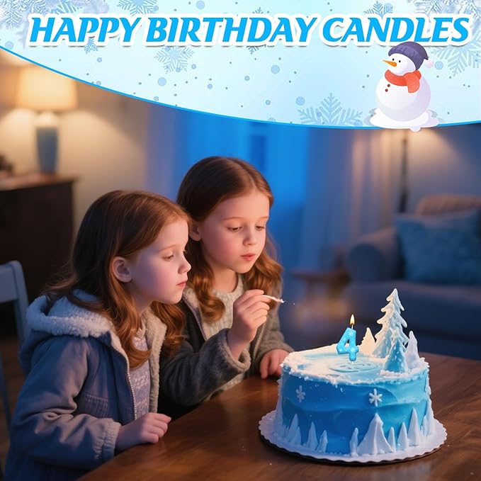 White and Blue Frozen Themed Party Birthday Candles - Blue Number Candles Snowflake Themed Party Decorations, Girls Party Supplies(Number 4)