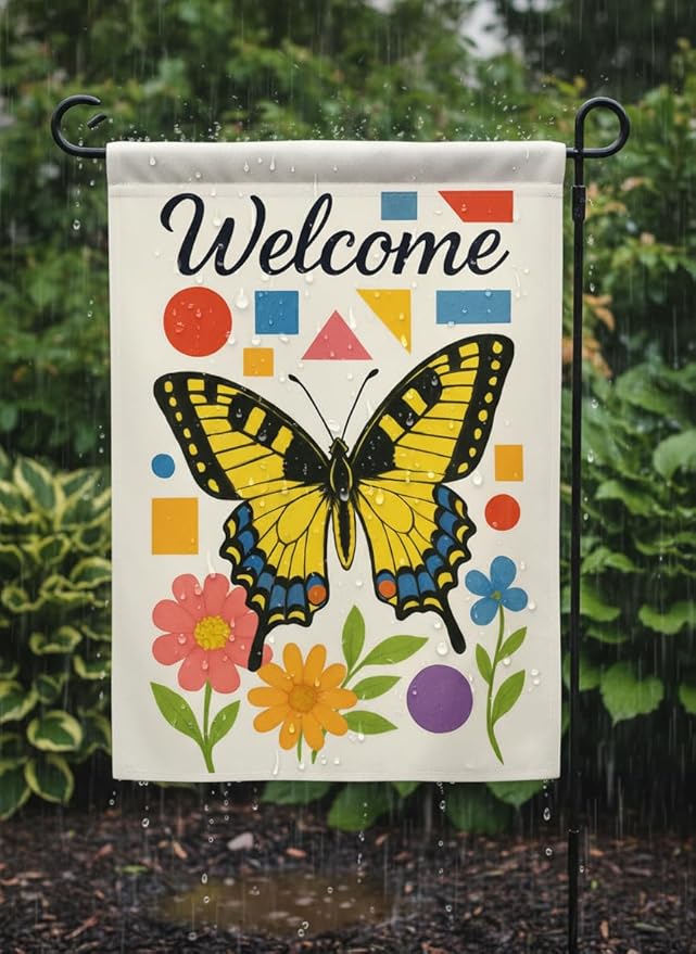 FLAGMEUP8386 Welcome Butterfly Garden Flag 12x18 Inch Double-Sided Polyester Yard Banner with Swallowtail and Geometric Flowers, Outdoor Decoration for Late Summer and Fall