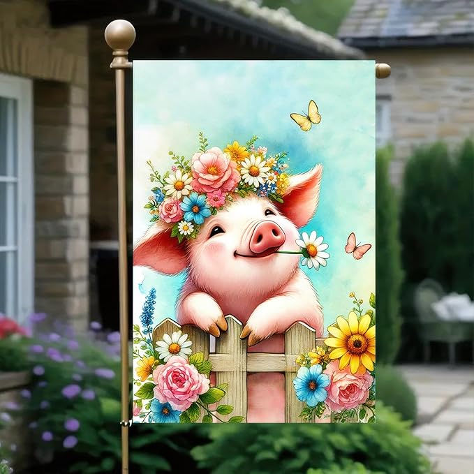 BlissYard Spring Garden Flag 12x18 Inches Double Sided Cute Pig Welcome Yard Flags Floral Crown Fence for Outside Decor Home Farmhouse Holiday Summer Decorations